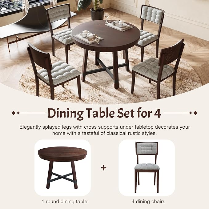 Rustic 42inch Round Dining Table Set for 4 with Cross Legs and Upholstered Chairs for Small Places, Espresso - LeafyLoom