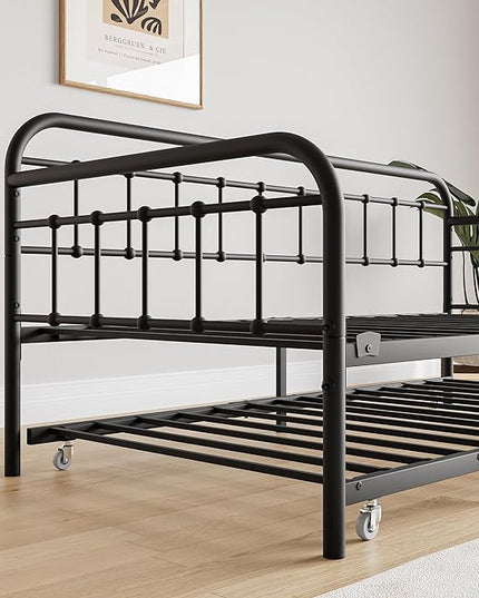Twin Size Metal Daybed Frame with Trundle and Headboard,Guest Room Multifunctional Heavy Duty Sofa Bed Platform w/Steel Slat Support & Easy Assembly,for Adult Kid Boy Girl,Black - LeafyLoom