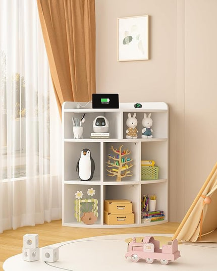 Vecelo Corner Cabinet with Charging Station, 3-Tier Bookcase Cube Storage Organizer with USB Outlets, Triangle Corner Bookcases with 8 Cubbies for Playroom, Bedroom, Living Room, Pearl White - LeafyLoom