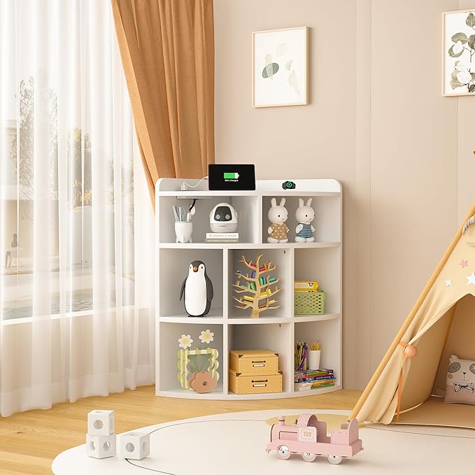 Vecelo Corner Cabinet with Charging Station, 3-Tier Bookcase Cube Storage Organizer with USB Outlets, Triangle Corner Bookcases with 8 Cubbies for Playroom, Bedroom, Living Room, Pearl White - LeafyLoom