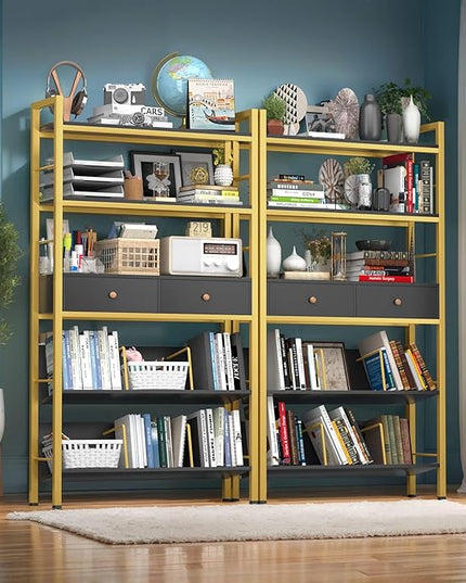 Bookshelf with Drawers-31.5'' Widen Industrial Book Shelf with Bookend,5-Tiers Tall Storage Shelves, Steel Frame Display Rack, Suitable for Bedroom, Office, Living Room-27'' Depth Black - LeafyLoom