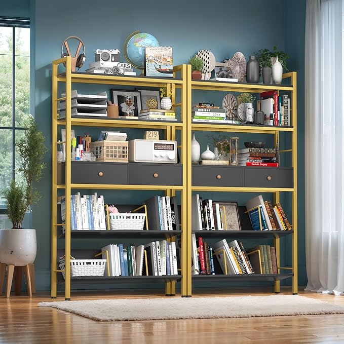 Bookshelf with Drawers-31.5'' Widen Industrial Book Shelf with Bookend,5-Tiers Tall Storage Shelves, Steel Frame Display Rack, Suitable for Bedroom, Office, Living Room-27'' Depth Black - LeafyLoom