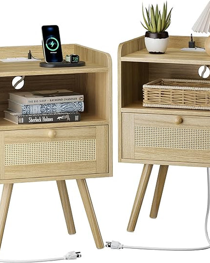 SUPERJARE Nightstands Set of 2, Night stands with Charging Station & PE Rattan Decor Drawer, Bed Side Tables with Solid Wood Feet, End Table, for Bedroom, Living Room - Natural - LeafyLoom
