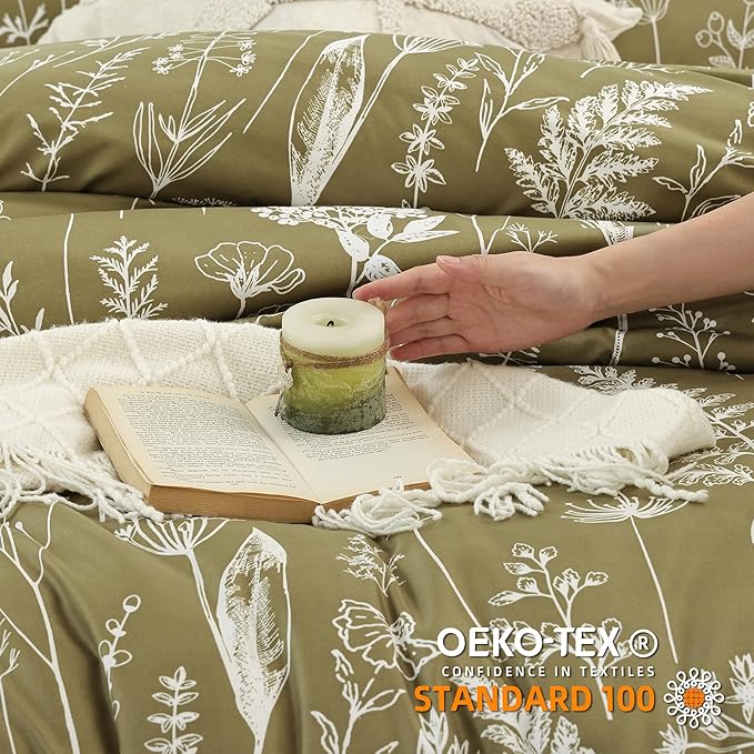 JANZAA California King Comforter Set Olive Green Comforter 3 PCS Bedding Sets Floral Comforter Set Plant Flowers Printed on Green Comforter Set with 2 Pillow Cases for All Season - LeafyLoom