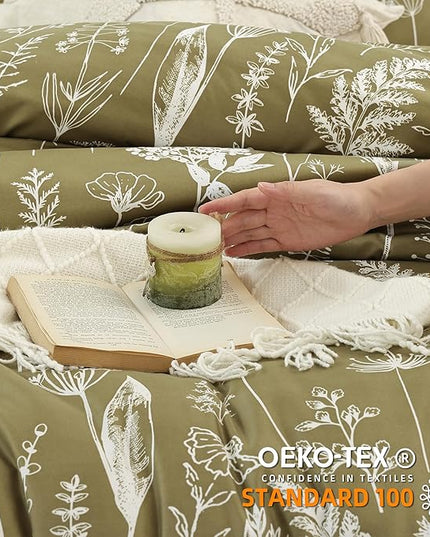 JANZAA Queen Olive Green ,3 PCS Bedding Floral Plant Flowers Printed on Green Comforter Set - LeafyLoom