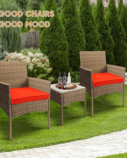 YIYAN 3 Pieces Patio Bistro Set Outdoor Wicker Furniture Outdoor Porch PE Rattan Wicker Chairs Furniture Sets with Sofa Chairs,Glass Coffee Table and Red Washable Cushion - LeafyLoom