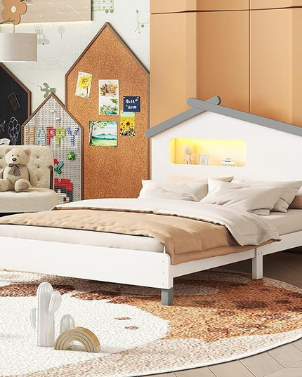 Full Size Bed Frame for Kids,Full Platform Bed with House-Shaped Headboard and Motion Activated Night Lights,Wood Full Kids Bed Frame for Girls,Boys(Full,White) - LeafyLoom