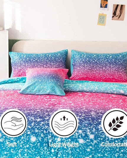RYNGHIPY 6Pcs Gradient Glitter Bedding Set for Girls Twin Size, Colorful Rainbow All-Season Comforter Set, Ultra Soft Bedding Collections - LeafyLoom