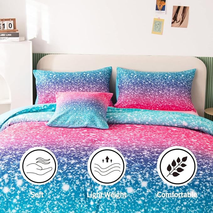 RYNGHIPY 6Pcs Gradient Glitter Bedding Set for Girls Twin Size, Colorful Rainbow All-Season Comforter Set, Ultra Soft Bedding Collections - LeafyLoom