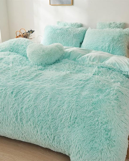 FOPPA Green Comforter Cover Set - Ultra Soft Plush Bedding Sets 3 Pieces (1 Faux Fur Duvet Cover + 2 Faux Fur Pillow case) Green Bed Set(Mint Green, Queen) - LeafyLoom