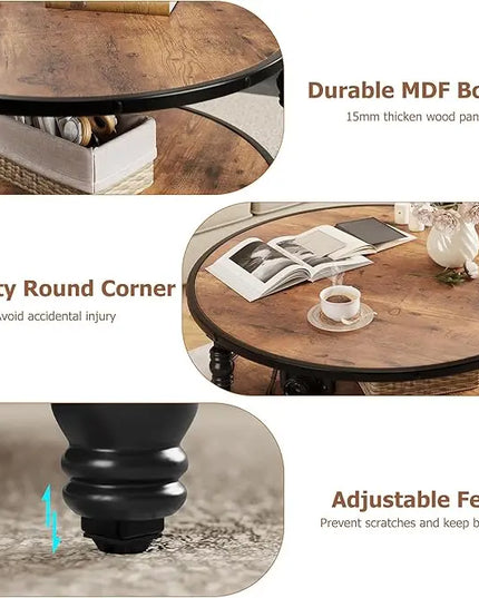 GAOMON Round Coffee Table Living Room 34.25in Rustic Circle Center Table with Storage Shelf 2-Tier Modern Wood Coffee Table, Easy Assembly(Brown) - LeafyLoom