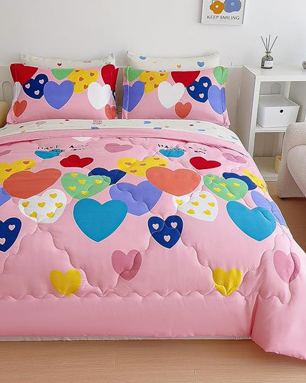7 Piece Kids Pink Heart Bedding Sets Twin Comforter Set with Sheets - Colourful Reversible Heart Shaped Cute Bedding for Girls Kids - Love Quilt Bed in a Bag All Season - LeafyLoom
