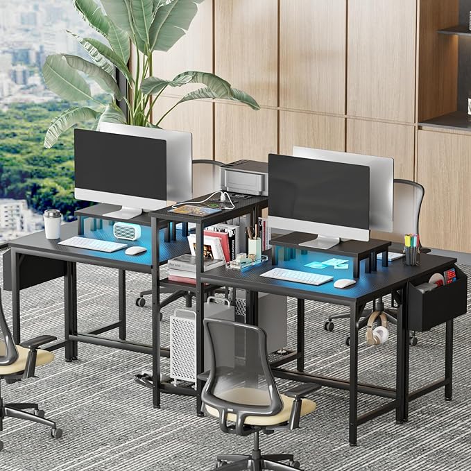 Furologee 71" Gaming Desk with LED Lights, Two Person Computer Desk with Storage Shelves and Monitor Stand, Double Large Office Desk with Cloth Bag and Hooks for Home Office, Black (NO Power Outlets) - LeafyLoom