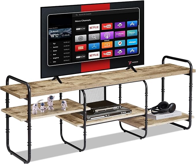 VECELO, Entertainment Center/Media Console Table with Adjustable Storage Shelves for Living Room/Bedroom, 65 inch TV Stand, Grey - LeafyLoom