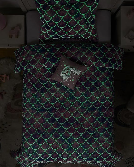 KALEIDOSPACE Pink Comforter Twin for Kids, Glow in The Dark Mermaid Bedding Sets with Decor Pillow, 3 Pieces Girls Bed Set - LeafyLoom