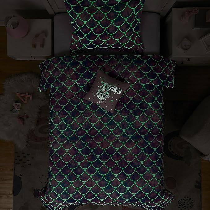 KALEIDOSPACE Pink Comforter Twin for Kids, Glow in The Dark Mermaid Bedding Sets with Decor Pillow, 3 Pieces Girls Bed Set - LeafyLoom