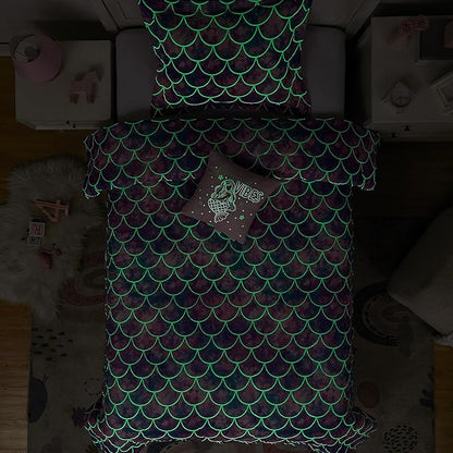 KALEIDOSPACE Pink Comforter Twin for Kids, Glow in The Dark Mermaid Bedding Sets with Decor Pillow, 3 Pieces Girls Bed Set - LeafyLoom