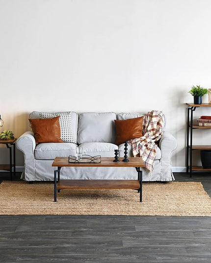 Household Essentials Crown Rectangular Coffee Table with Storage Shelf Rustic Hickory Wood Grain and Black Metal - LeafyLoom