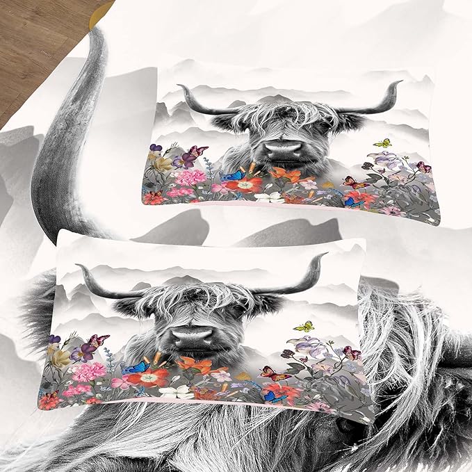Tailor Shop Highland Cow Comforter Sets Twin Size,Highland Cow Bedding Set for Teens Kids Man,Cattle Comforter Western Animal Wildlife Farmhouse Bull Mountain Flower Comforter with 1 Pillowcase - LeafyLoom