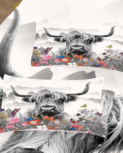 Tailor Shop Highland Cow Comforter Sets Queen Size,Highland Cow Bedding for Teens Kids Man,Cattle Western Funny Animal Bedding Wildlife Farmhouse Bull Mountain Flower Comforter with 2 Pillowcase - LeafyLoom