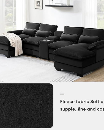 U Shaped Symmetrical Modular Sectional Sofa Cloud Couch with Double Chaise Lounge and Center Console,Cupholders and USB Ports, Deep Seat Upholstered Sleeper Corner Sofa&Couches for Living Room - LeafyLoom