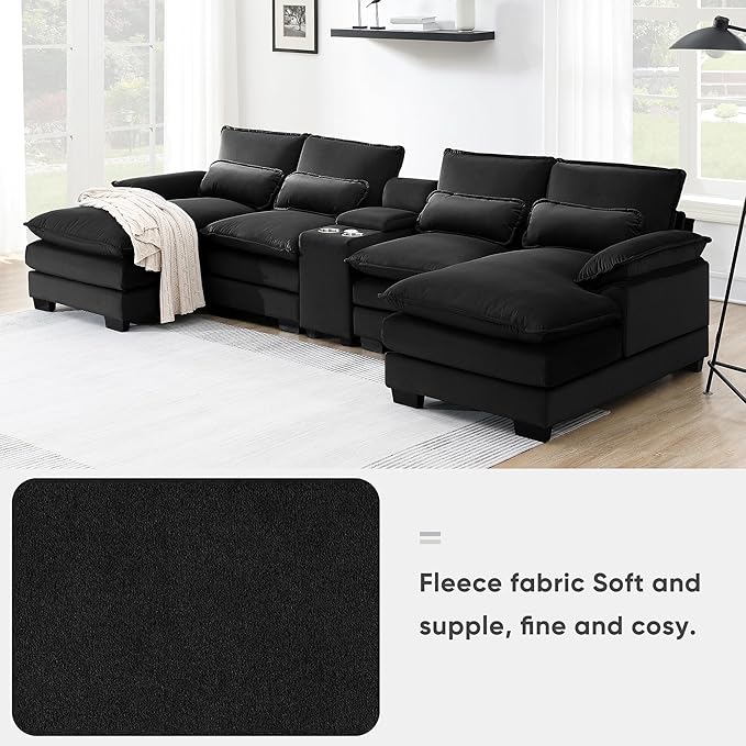 U Shaped Symmetrical Modular Sectional Sofa Cloud Couch with Double Chaise Lounge and Center Console,Cupholders and USB Ports, Deep Seat Upholstered Sleeper Corner Sofa&Couches for Living Room - LeafyLoom