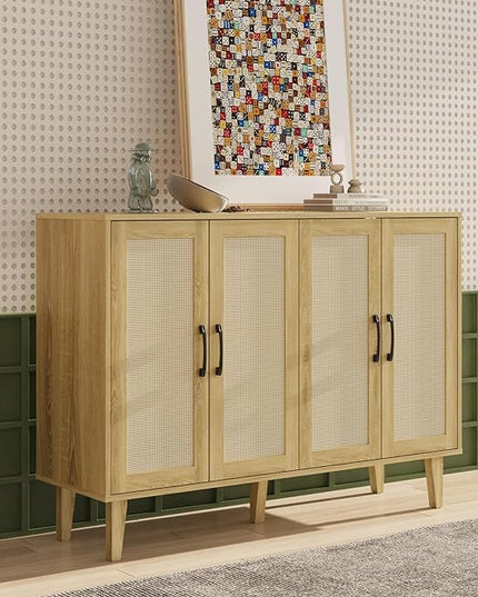 Storage Cabinet with Rattan Trim - 4 Door Sideboard Buffet Cabinet with Storage, Accent Cabinet with Shelves for Bathroom, Coffee Bar, Kitchen, Living Room, Hallway (natural wood) - LeafyLoom