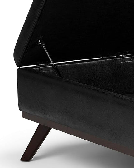 SIMPLIHOME Owen 36 Inch Wide Mid Century Modern Square Coffee Table Lift Top Storage Ottoman in Upholstered Distressed Black Faux Leather, For the Living Room - LeafyLoom