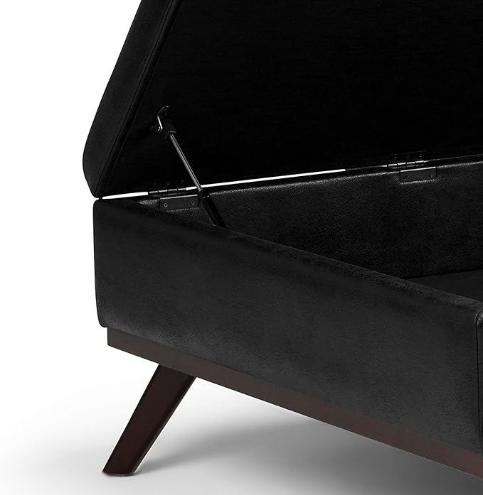 SIMPLIHOME Owen 36 Inch Wide Mid Century Modern Square Coffee Table Lift Top Storage Ottoman in Upholstered Distressed Black Faux Leather, For the Living Room - LeafyLoom