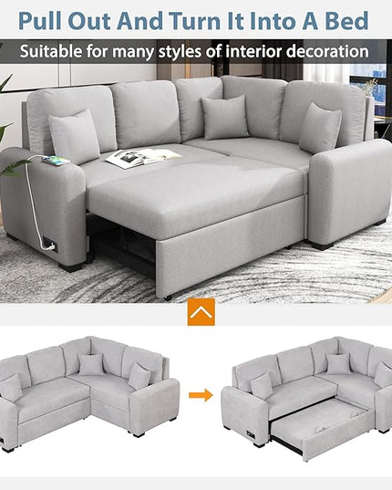 3 in 1 Convertible Sectional Sofa with Pull Out Bed , 87.4" L Shaped Corner Couch with USB Charging Ports & Plug Outlet , Breathable Linen Fabric Conversion Sofabed for Living Room Office Furniture - LeafyLoom