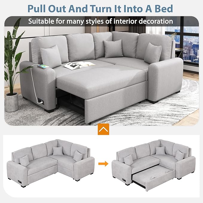 3 in 1 Convertible Sectional Sofa with Pull Out Bed , 87.4" L Shaped Corner Couch with USB Charging Ports & Plug Outlet , Breathable Linen Fabric Conversion Sofabed for Living Room Office Furniture - LeafyLoom