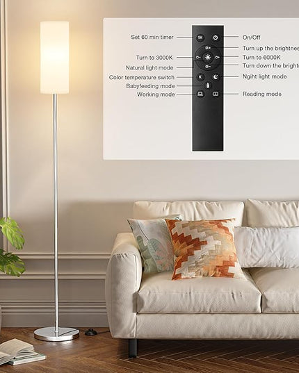 Ambimall 66'' Floor Lamps for Living Room with Remote Control and Stepless Dimmable Colors Temperature & Brightness, 9W Bulb Included(White Lampshade & Silver Pole) - LeafyLoom
