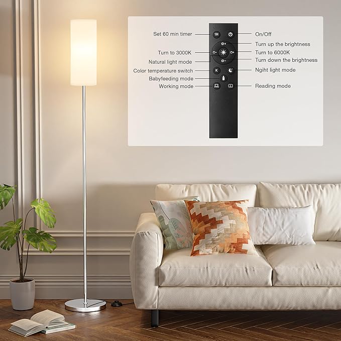 Ambimall 66'' Floor Lamps for Living Room with Remote Control and Stepless Dimmable Colors Temperature & Brightness, 9W Bulb Included(White Lampshade & Silver Pole) - LeafyLoom