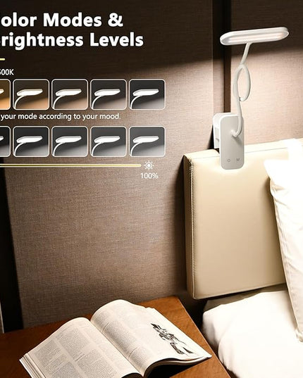 Desk Lamp Battery Operated, Clip on USB Rechargeable Reading Light for Headboard with Large Clamp, 25 Models Adjustable Cordless Touch Light for Bed Frame Bunk Dorm Table Bedside (White) - LeafyLoom