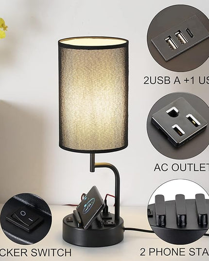 Dreamholder Table Lamp with 3 USB Charging Ports, Modern Desk Lamp with AC Outlet and Phone Stands, Perfect Bedside Lamp for Bedroom, Living Room, Office (Pack of 2), Black - LeafyLoom