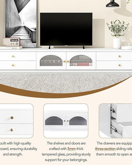 Luxurious Long Fluted Doors, Tempered Glass Shelf Entertainment Center Media Console Table Stand for TVs Up to 95'', with Multiple Storage for Living Room, Bedroom, White - LeafyLoom