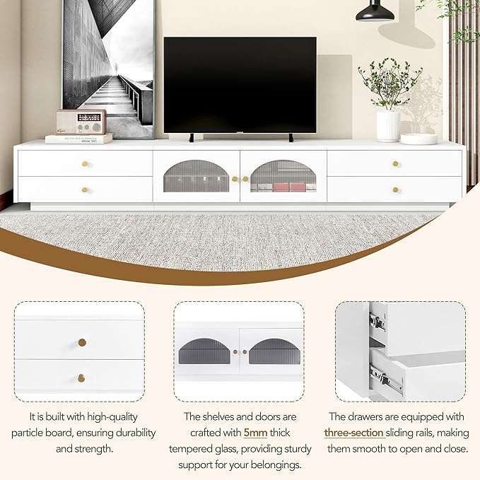 Luxurious Long Fluted Doors, Tempered Glass Shelf Entertainment Center Media Console Table Stand for TVs Up to 95'', with Multiple Storage for Living Room, Bedroom, White - LeafyLoom