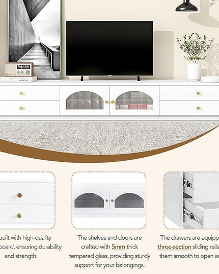 TV Stand with Drawers, 86 Inch Entertainment Center with Fluted Glass Doors for TVs Up to 90'', TV Console with Ample Storage Space for Living Room, White - LeafyLoom