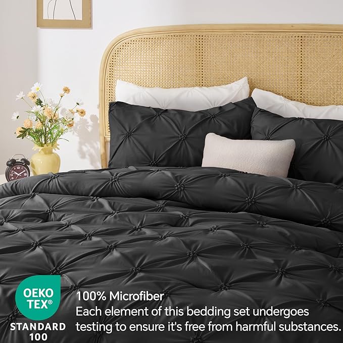BEDELITE Black Comforter Set Queen - 3 Pieces Boho Pintuck Bedding Comforter Sets, Lightweight Soft & Warm Bed Comforter Queen with 2 Pillowcases for All Season - LeafyLoom