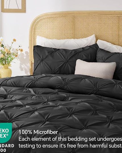 BEDELITE Black King Size Comforter Set - 3 Pieces Boho Pintuck Bedding Comforter Sets, Lightweight Soft & Warm King Bedding Set with 2 Pillowcases for All Season - LeafyLoom