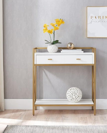 Leick Home 9231-WTGL Claudette Mixed Metal and Wood Hall Stand with Shelf, White/gold - LeafyLoom