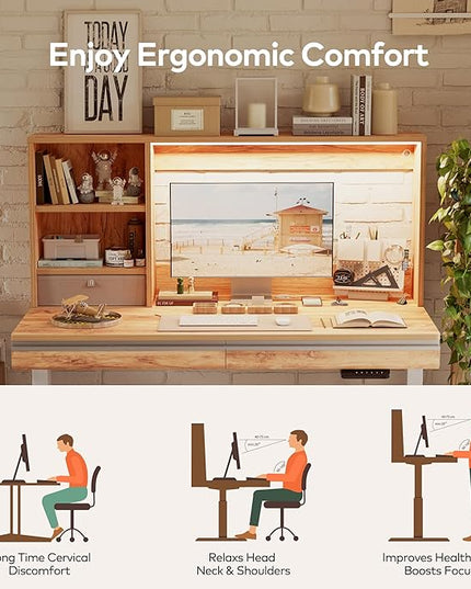 FEZIBO 55 x 27.5 Inches Electric Standing Desk with Open Shelf&LED Strip, Adjustable Height Sit Stand Up Desks with 3 Drawers, Ergonomic Workstation, Light Rustic（2 packages - LeafyLoom
