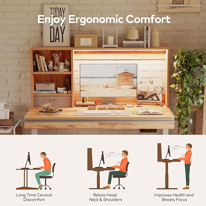 FEZIBO 55 x 27.5 Inches Electric Standing Desk with Open Shelf&LED Strip, Adjustable Height Sit Stand Up Desks with 3 Drawers, Ergonomic Workstation, Light Rustic（2 packages - LeafyLoom