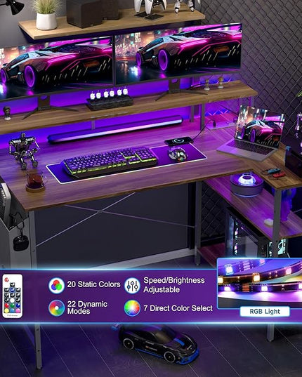 L Shaped Gaming Desk with Power Outlets, 47 Inch Computer Desk with LED Lights and Reversible Shelves, Corner Desk Work Desk for Home Office Bedroom, Walnut - LeafyLoom