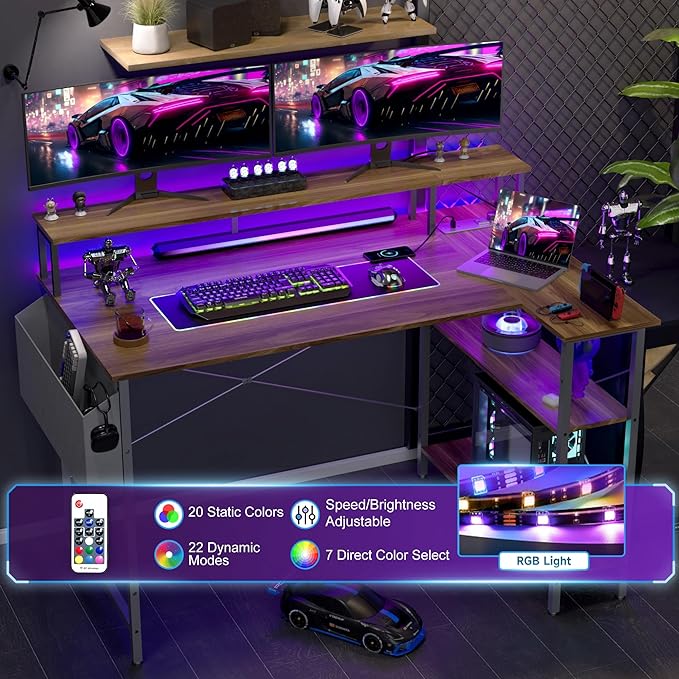 L Shaped Gaming Desk with Power Outlets, 47 Inch Computer Desk with LED Lights and Reversible Shelves, Corner Desk Work Desk for Home Office Bedroom, Walnut - LeafyLoom