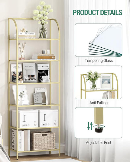 Bookcase Bookshelf, Tempered Glass Arched Bookshelf for More Storage, Slim Shelving Unit for Bedroom, Bathroom, Home Office, Steel Frame, Wide 6 Tier Gold BC22699G - LeafyLoom