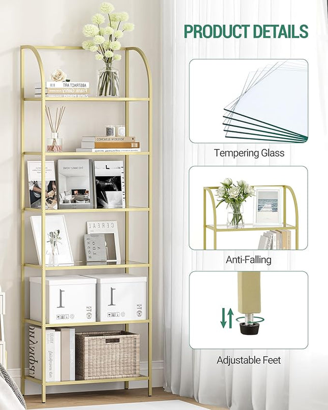 Bookcase Bookshelf, Tempered Glass Arched Bookshelf for More Storage, Slim Shelving Unit for Bedroom, Bathroom, Home Office, Steel Frame, Wide 6 Tier Gold BC22699G - LeafyLoom