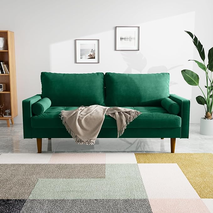 Velvet Furniture for Small Spaces, Mid-Century Modern Loveseats for Living Room, Love Seat Couch Sofas, 70 Inches, Green - LeafyLoom