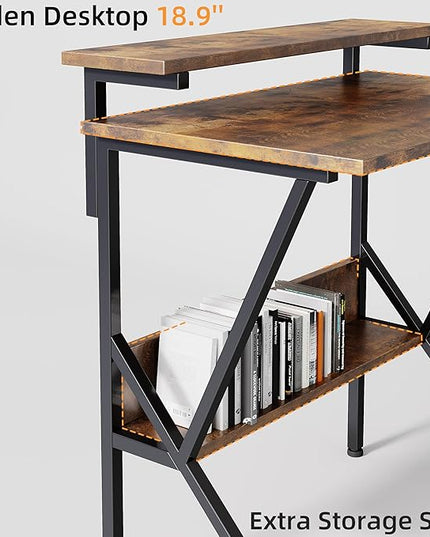 COTUBLR Small Desk, 27.5 Inch Small Computer Desk for Small Spaces, Computer Desk with Adjustable Monitor Stand, Compact Desk with Storage, Tiny Desk Study Desk for Bedroom Home Office, Rustic Brown - LeafyLoom