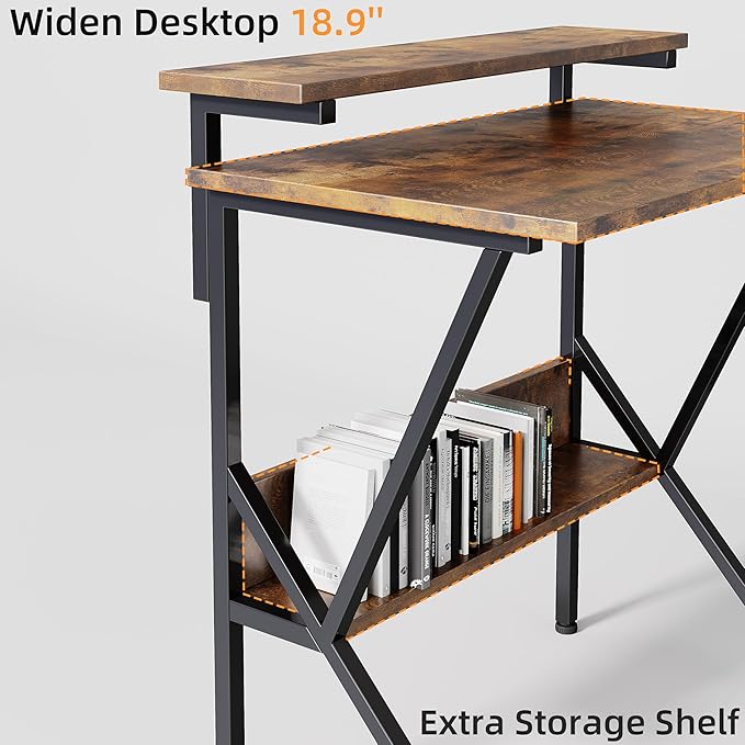 COTUBLR Small Desk, 27.5 Inch Small Computer Desk for Small Spaces, Computer Desk with Adjustable Monitor Stand, Compact Desk with Storage, Tiny Desk Study Desk for Bedroom Home Office, Rustic Brown - LeafyLoom